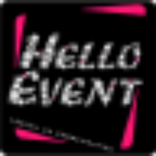 Logo Hello Event, texte blanc effet pixel glitch sur fond noir avec accents néon rose vif